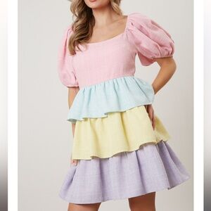 Peach Love Multi Color Block Tiered Tweed Puff Sleeve Summer Brunch Mini Dress